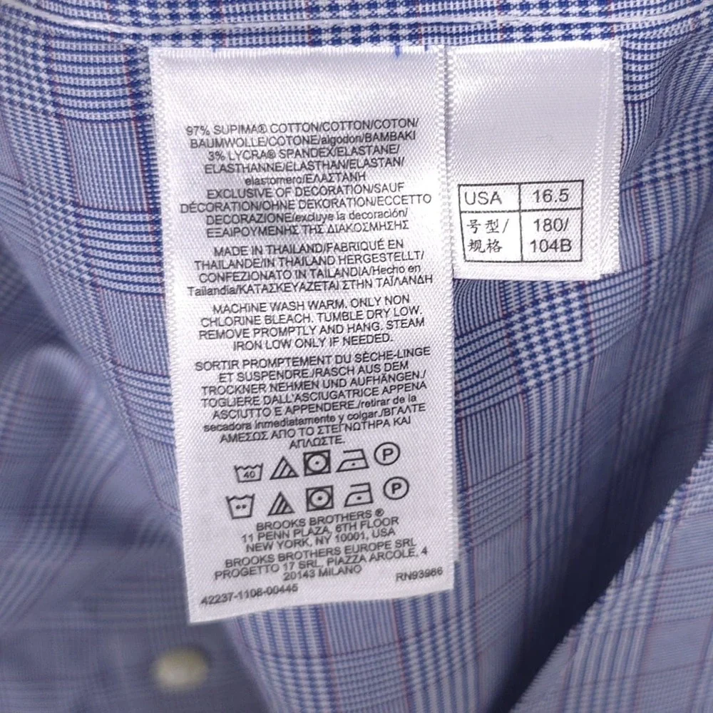 BROOKS BROTHERS Est.1818 Blue Plaid‎ Dress Shirt Supima Cotton Non Iron 16.5 34